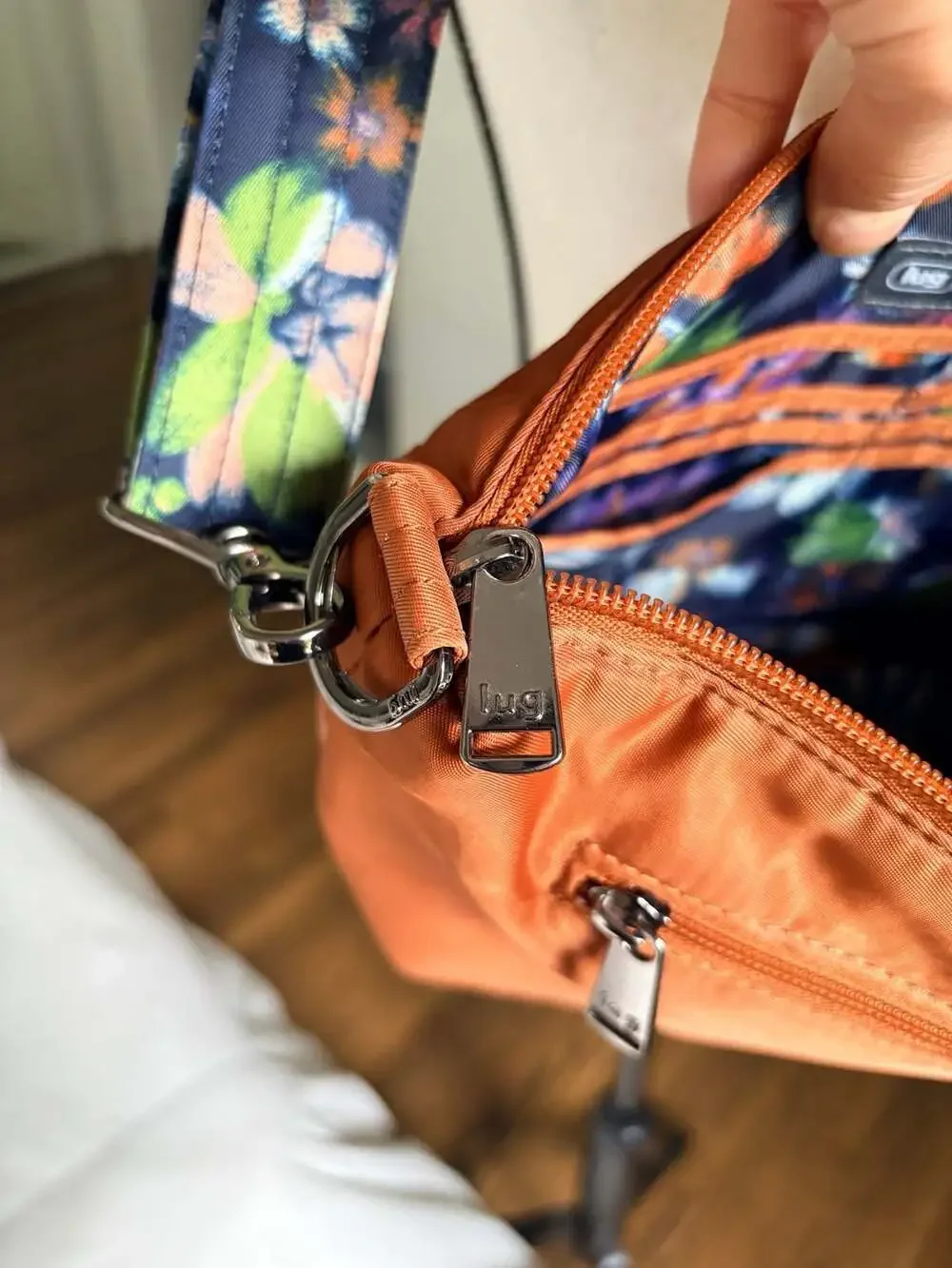 Lug Flare Quilted Crossbody Bag in Copper Brown with Floral Strap